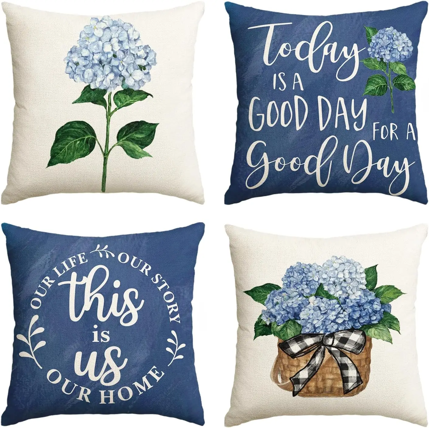 Blue Hydrangea Spring Summer Throw Pillow Covers, Blue Cushion Case Decoration for Sofa Couch Set of 4