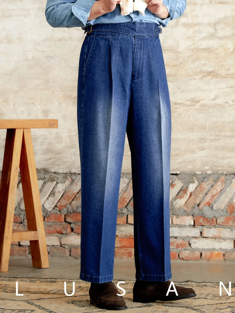 Mr. Lusan Autumn Winter Retro American Kaji Loose Wide Leg Denim Japanese Profile Gorkha District Casual Pants Men