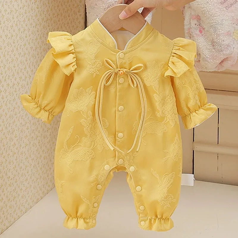 Spring Autumn Toddler Girl Clothes Chinese Style Cute Flowers Yellow Long Sleeve Infant Rompers Baby Items Newborn Clothing B385