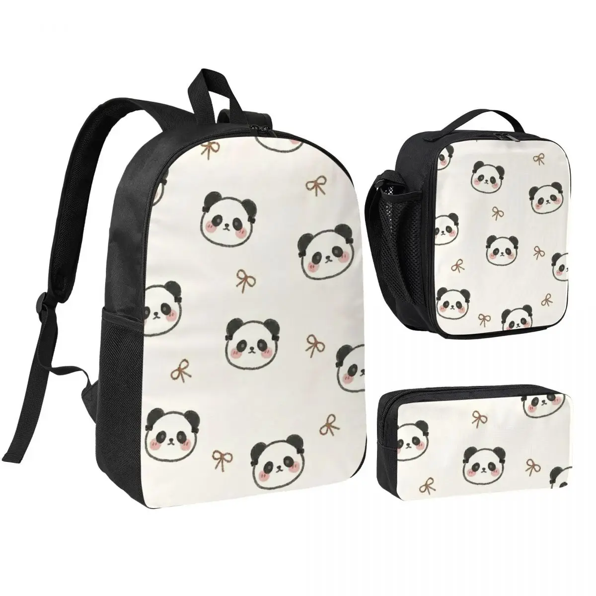 Cute Cartoon Panda Pattern Backpack Boys Girls BookBag School Bag Shoulder Bags 3ps Insulated Lunch Bag Pencil Case