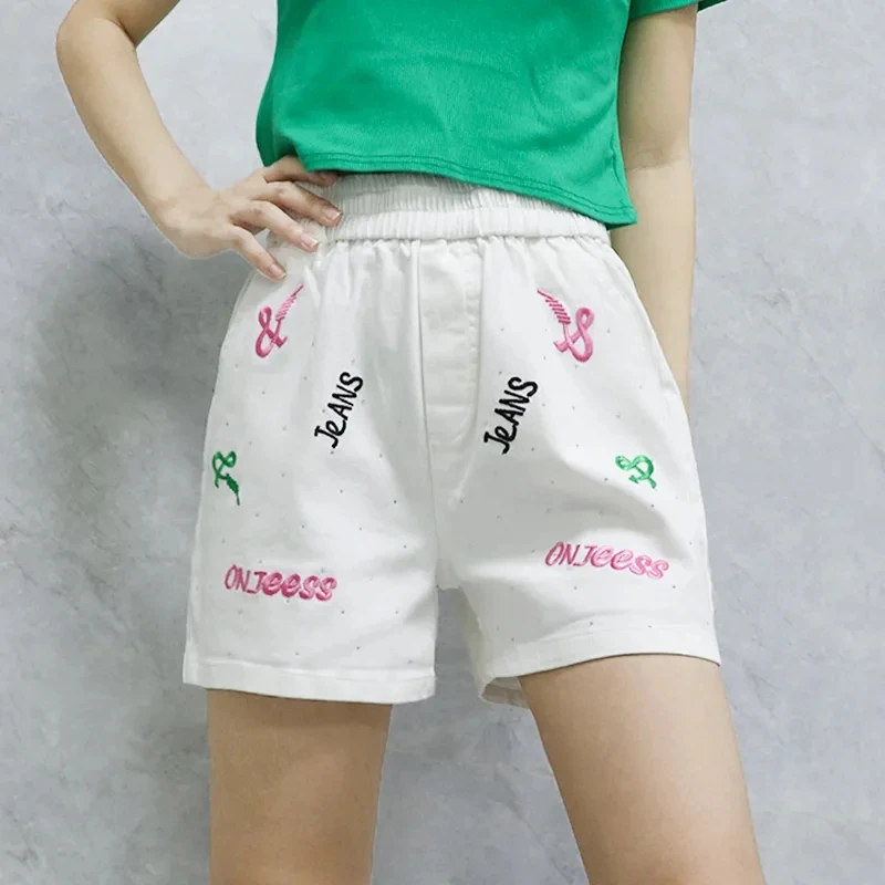 

Streetwear Shorts for Women Letter Embroider Hot Diamonds Elastic Waist Slimming Wide Legs A-Line Hot Pants Fashion Casual Pants