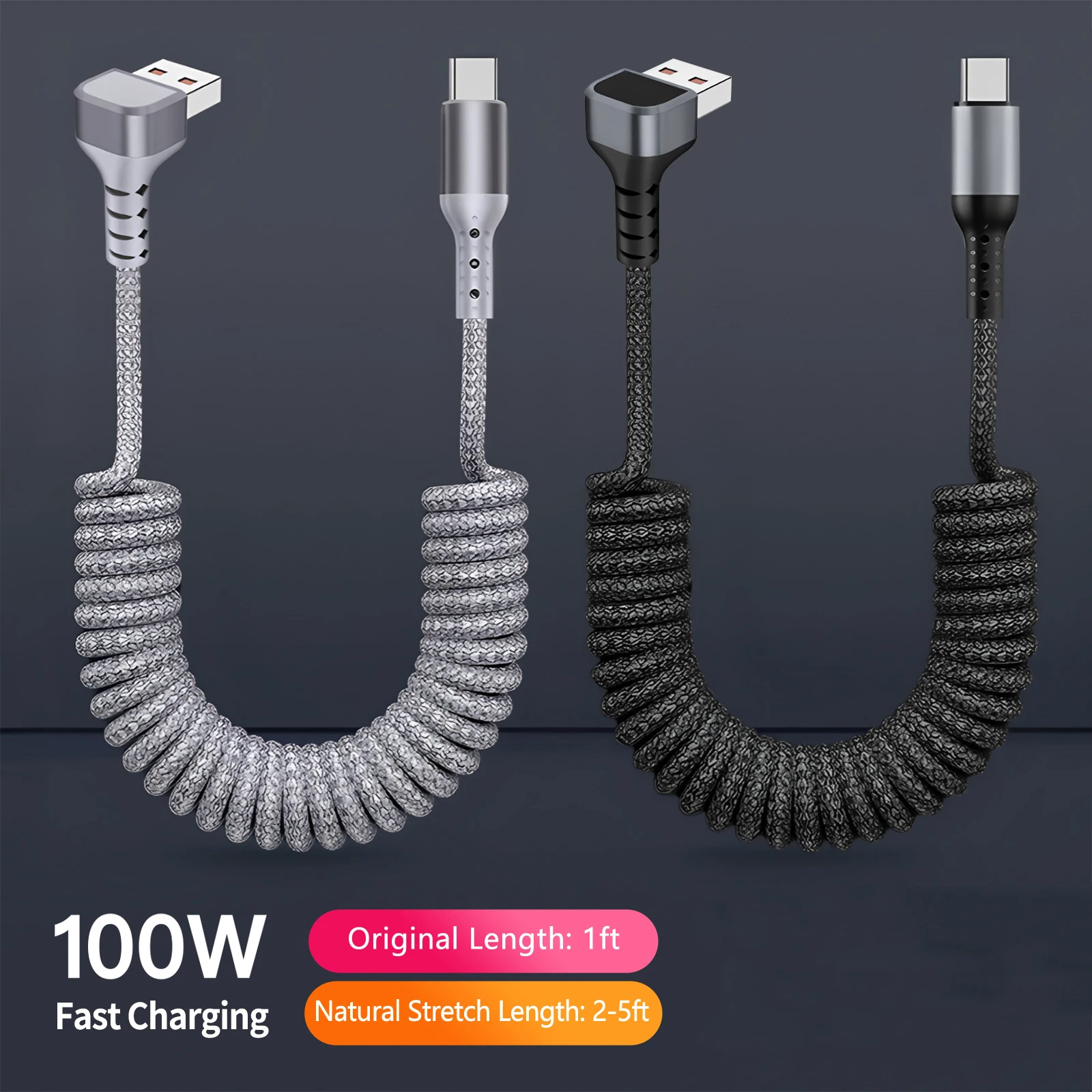 100W Coiled USB A to USB C Cable for Carlife & Carplay,1.5m 90 Degree Retractable Data Cable for iPhone 17/16,Samsung Galaxy A17