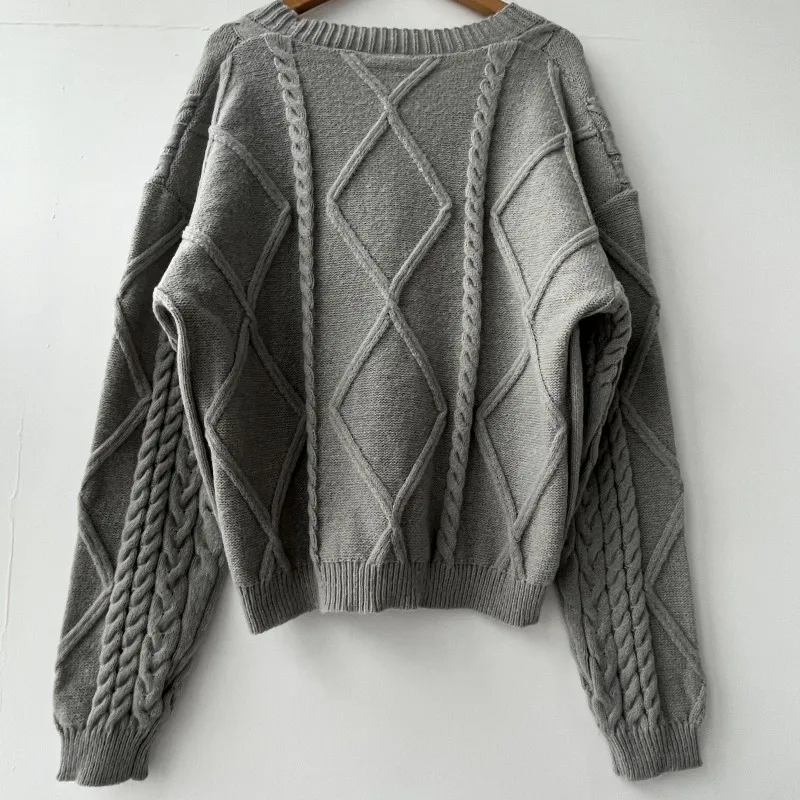 Cárdigan de punto con cuello en V para mujer, suéter de manga larga, suelto, suave, Tops informales, gris, Parche de letras, Otoño e Invierno