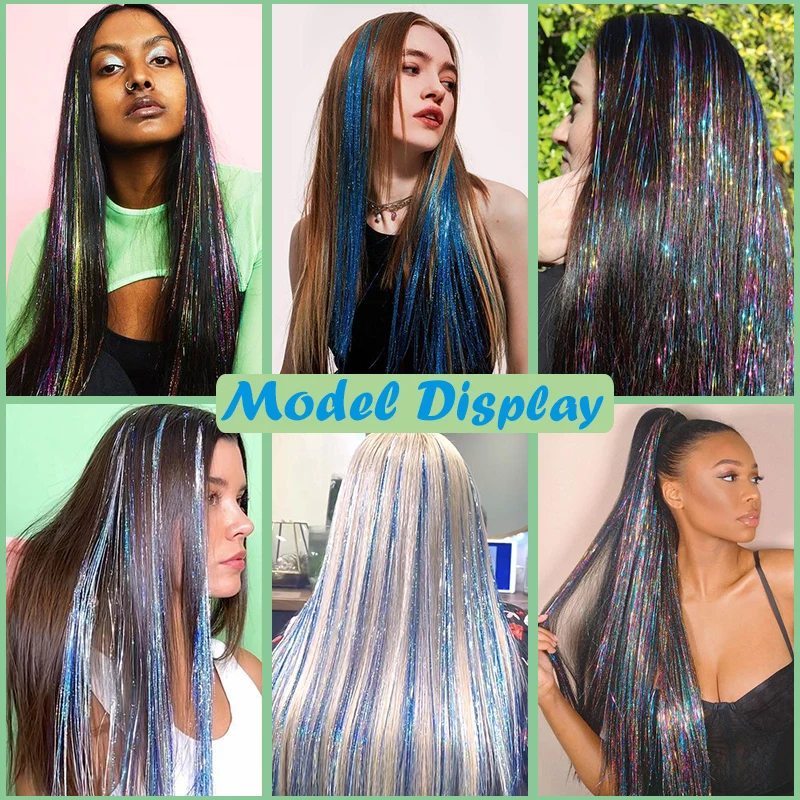 Sparkle Hair Tinsel Rainbow Glitter Strips Hair Extension Shiny Strands Hair Dazzles Women Hippie for Braiding Hairpiece Cosplay