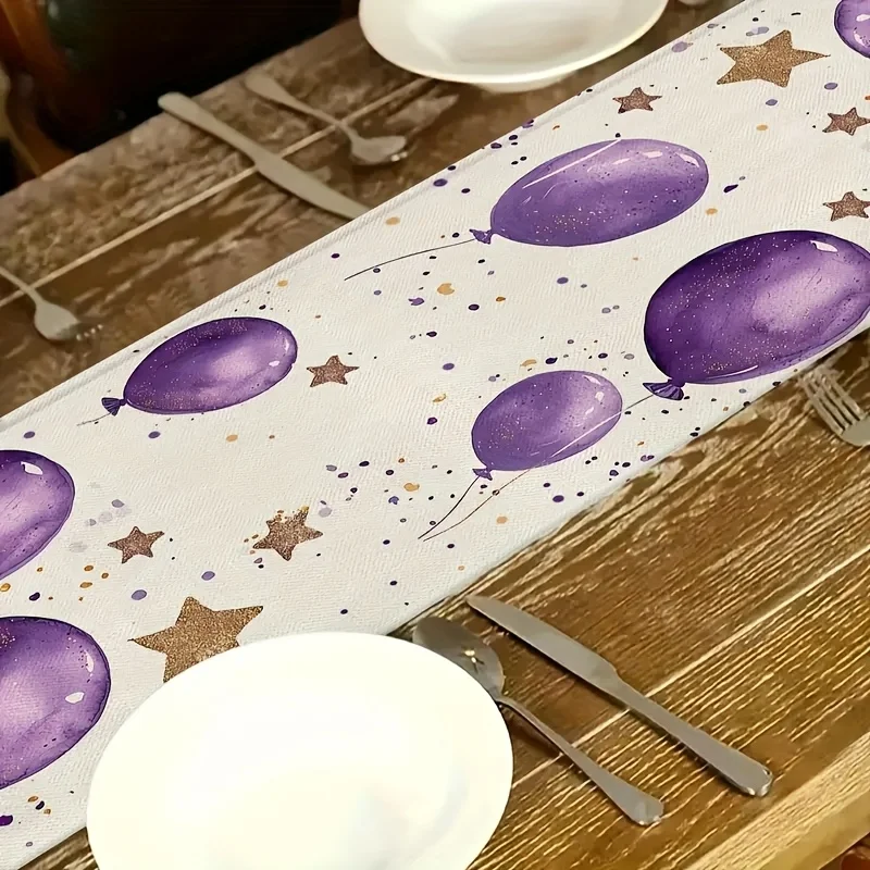 Linen Birthday Happy Tablecloth - Purple Balloon And Gift Box Design, Home Festival Party Decoration, Birthday Party Decoration