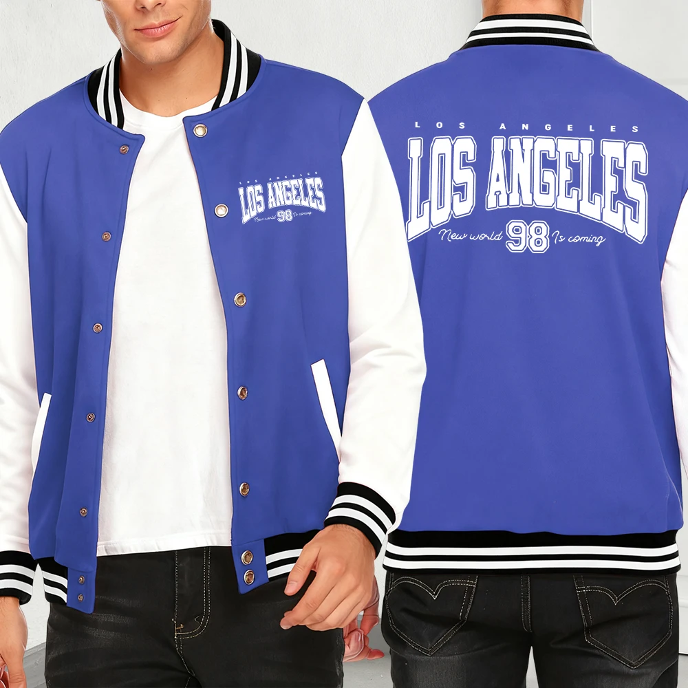 

Los Angeles New World Is Coming Print Baseball Jersey Men Autumn Clothes Loose Streetwear Fleece Jackets Fashion Hip Hop Coat