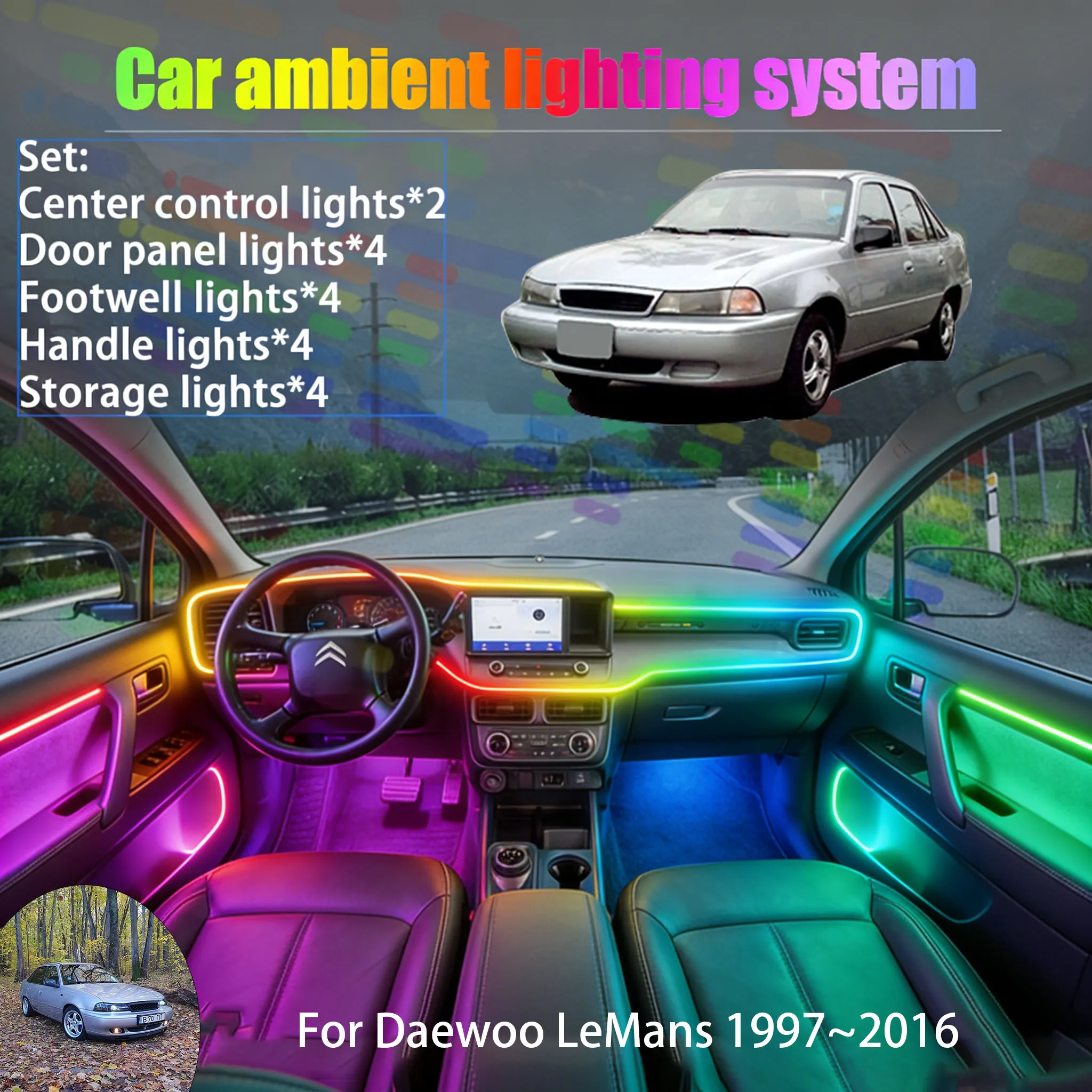 

Для Daewoo LeMans 1997~2016 MK2: Комплект светодиодной подсветки салона и багажника (2/18 шт.), USB RGB, с эффектом бегущих огней, автозапчасть