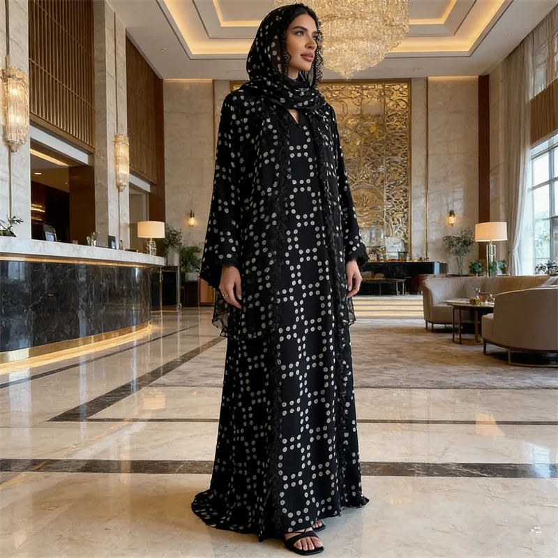 

Мусульманский женский длинный кардиган в горошек, дубайская абайя, турецкий кафтан, кебайя, исламская одежда, арабская роба, кимоно, джалабия, комплект с хиджабом