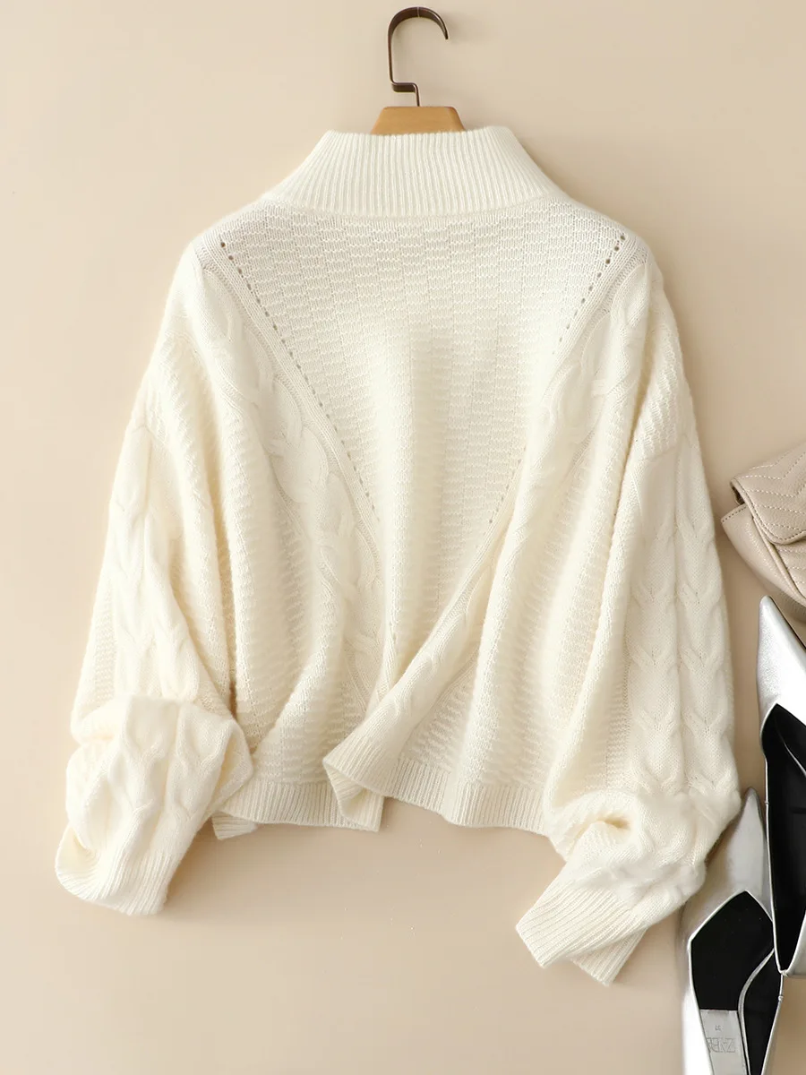 europe winter trendy half zipper cable knitted luxury 100% cashmere oversized sweater long sleeve