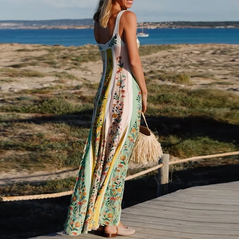 Zomer Vrouwen Diepe V-hals Band Mode Print Lente Zomer Een Lijn Lange Jurk Vrouwen Mouwloze Strand Vakantie Jurken Boho