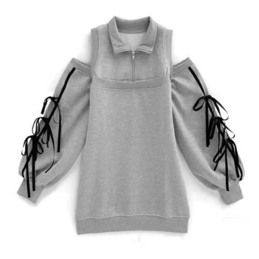 HANYAYA Japanese Sweet Soft Girl Off-Shoulder Half-Zip Hoodie Bodycon Dress Women Autumn Fleece Lined Bow Long Sleeve Sweatshirt