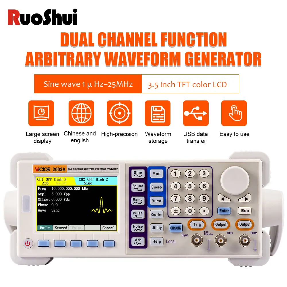 Victor 2003 Function Arbitrary Waveform Function-Generators 200MSa/s 25-60MHz Software Dual Channels USB Device Signal Generator