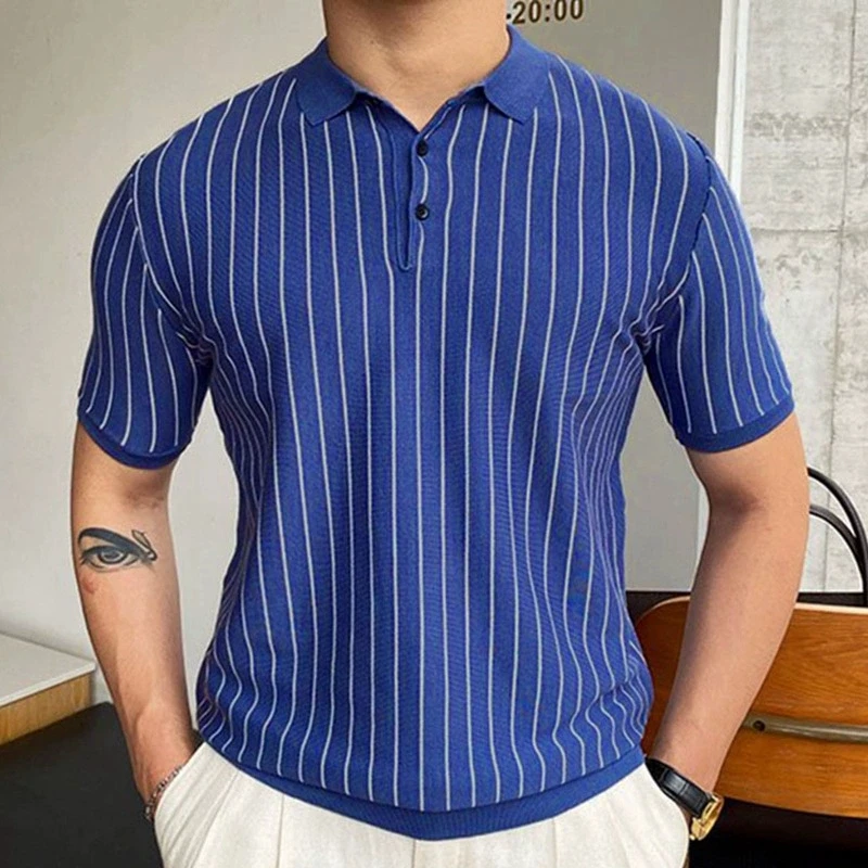 

Men's Summer New Style Striped Elegant Fashion Knitted Shirt Slimming Short Sleeve Flip Collar Business Polo Shirt