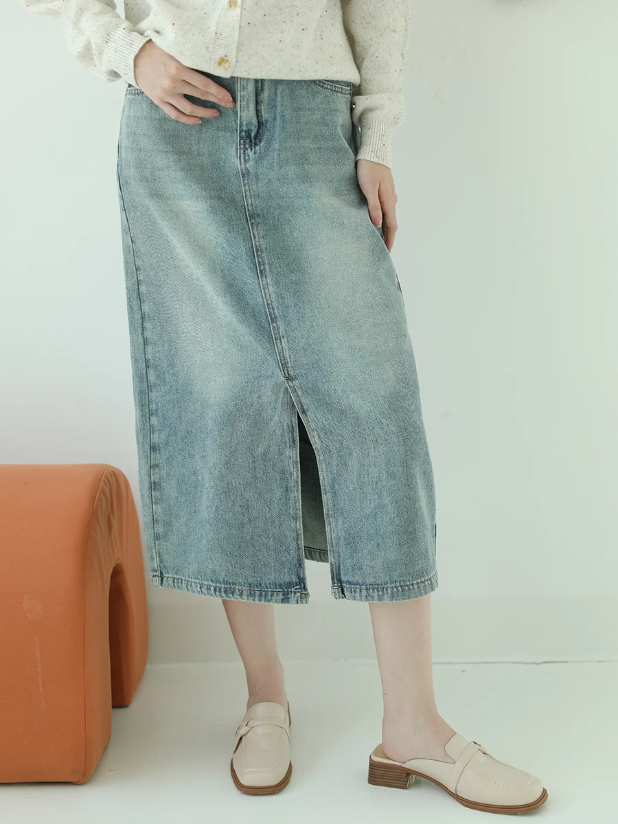 

PISN Ladies High Waist Straight Leg Denim Skirt Light Blue Korean Sle Commute Autumn Winter New Arrival Cotton 00%