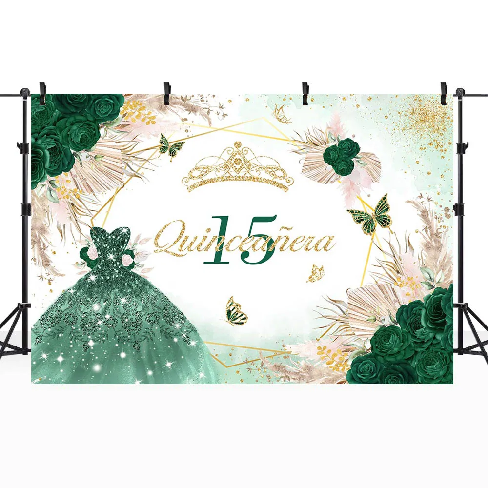 Mocsicka Bohemian 15th Birthday Backdrop Green Dress Flowers Girl Fifteen Birthday Party Decor Background Quinceañera 15 Poster