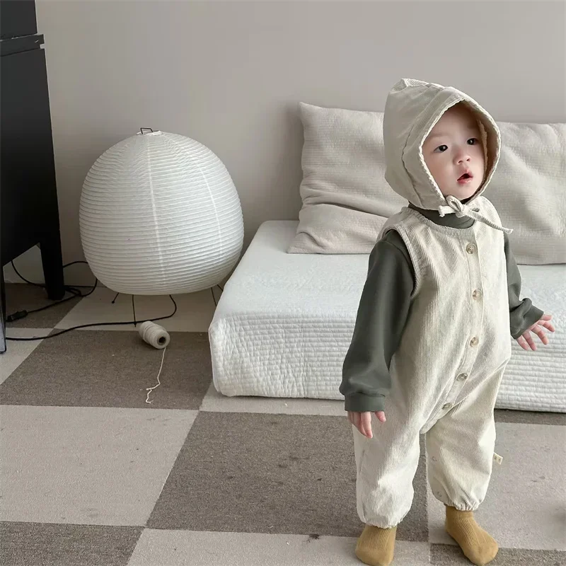 

2023 Fall Winter Korean Toddler Baby Boys Girls Solid Corduroy Vest Romper Kids Playsuit Jumpsuit High Quality Children Clothes