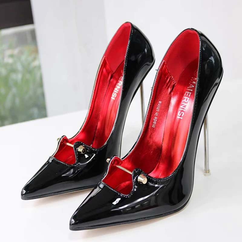 

12cm Metal Pumps Stilettos High Heels Solid Black OL Office Ladies Party Ladies Pointed Toe Man Unisex Black Dress Shoes Size46