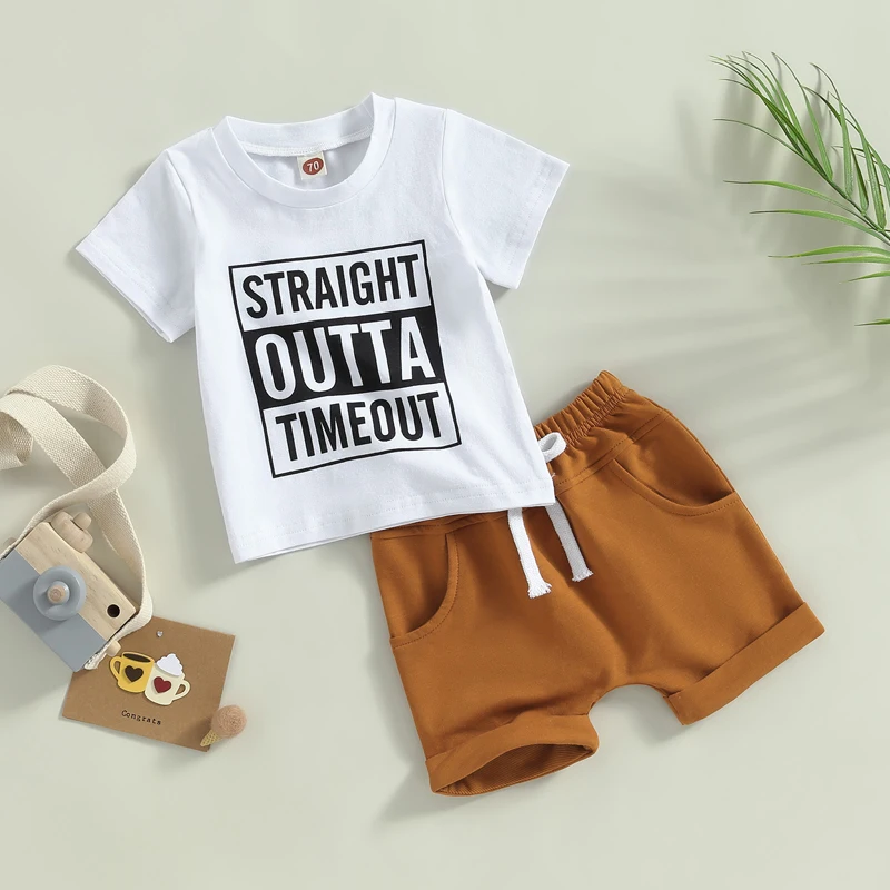 2Pcs Infant Toddler Baby Boy Summer Clothes Short Sleeve Funny Letters T-Shirt Tops Solid Color Shorts Set Casual Outfit