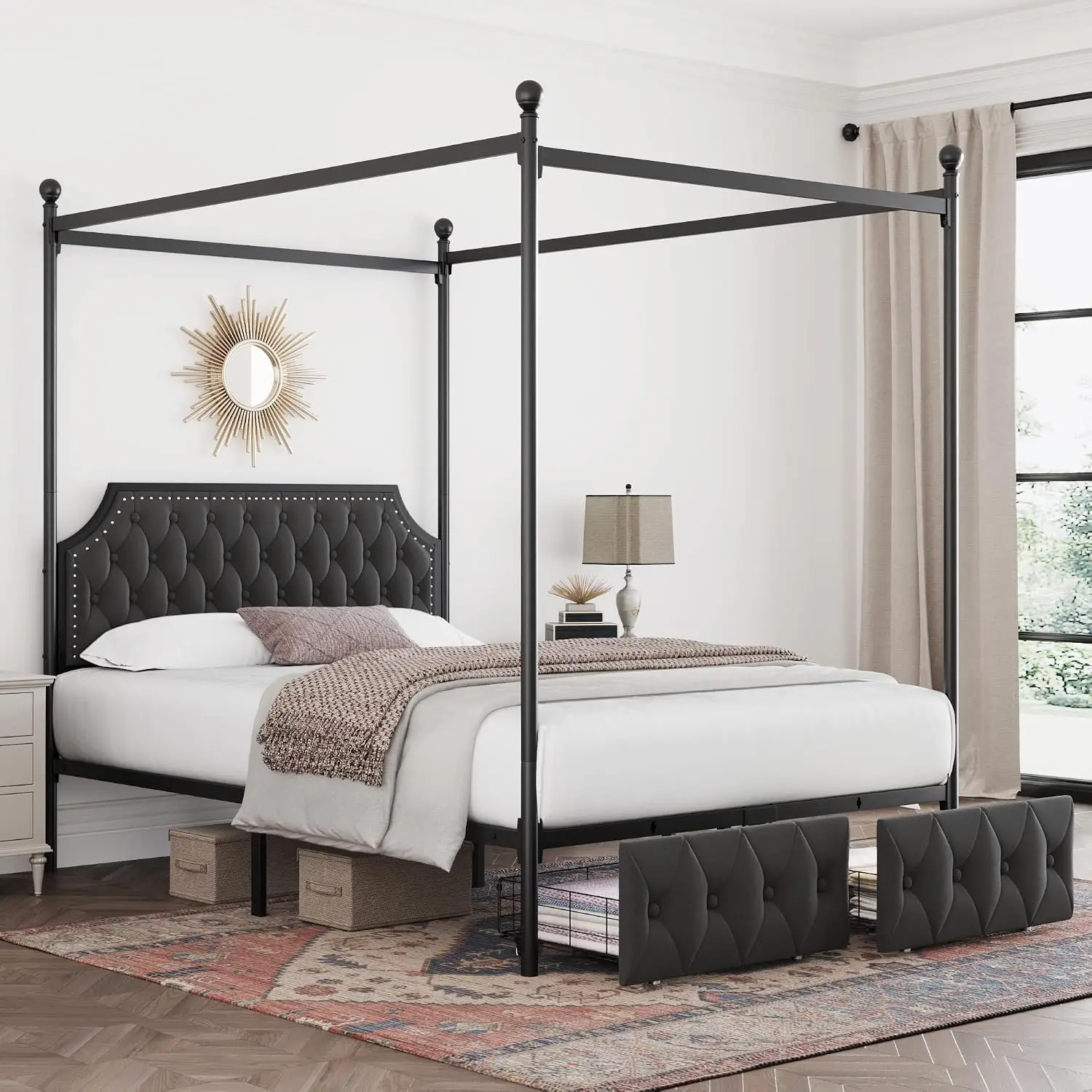 Queen Canopy Bed Frame with Storage Drawers & Tufted Headboard, Metal Platform 4 Posts, Velvet Bed, Dark Grey, Customized view 5