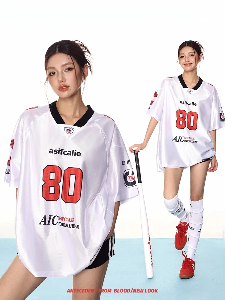 

November American Style Short Sleeve T-Shirt Women's Summer Digital Print Loose Casual Sportswear V-Neck Letter Pattern