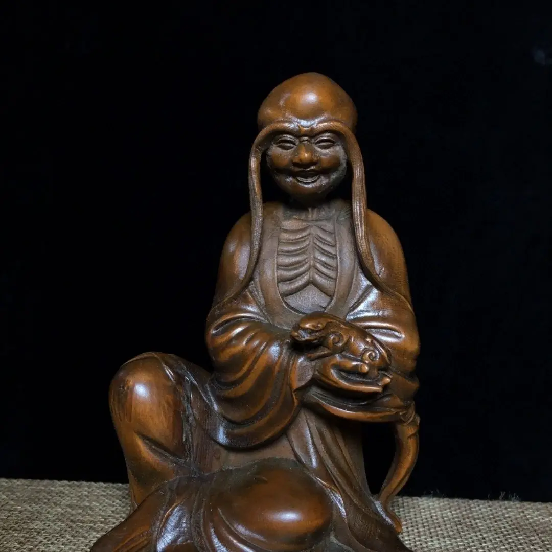 Hand Carved Wood Long eyebrow arhat buddha Statue Figurine Desktop Ornaments Home Decoration Crafts Tea Pet Decor