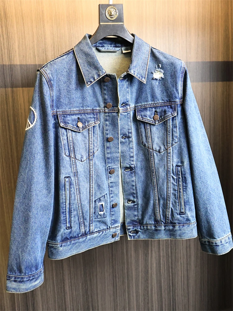 

Джинсовый джинсовый тюнер с высокой унцией, мужской цветной воротник с отрывными отверстиями, модная осенняя верхняя одежда, повседневная одежда со стойкой