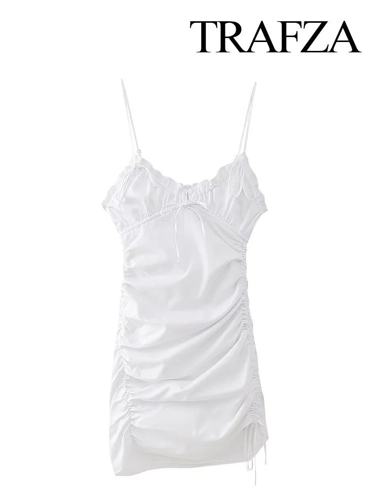 

TRAFZA Women Summer New Fashion Zipper Pleated Bow Decoration Dress Female Backless Sexy Beach Style Slim Short Sleeveless Dress