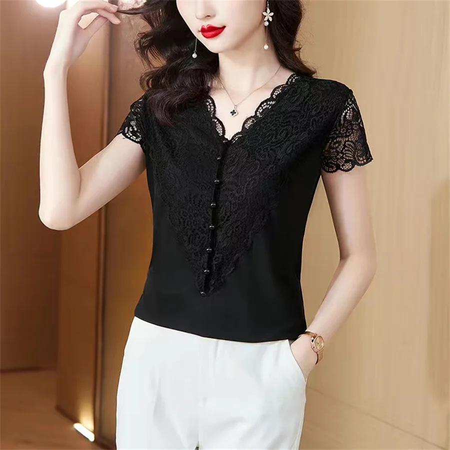 Women Summer Style Lace Blouses Shirts Lady Casual Short Sleeve V-Neck Lace Patchwork Blusas Tops DF4899