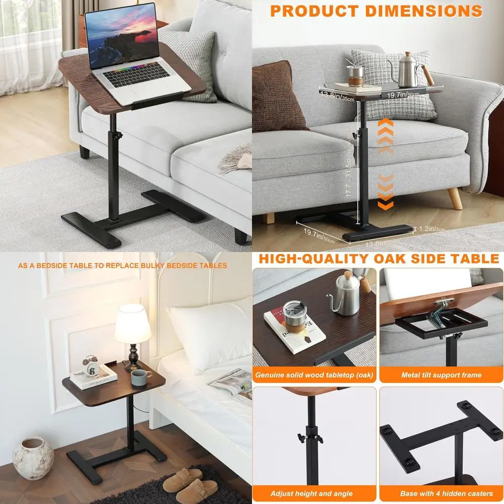 Adjustable Height Walnut C-Shape Side Table with Wheels, 360° Swivel, Sofa/Bed Laptop Stand & TV Tray