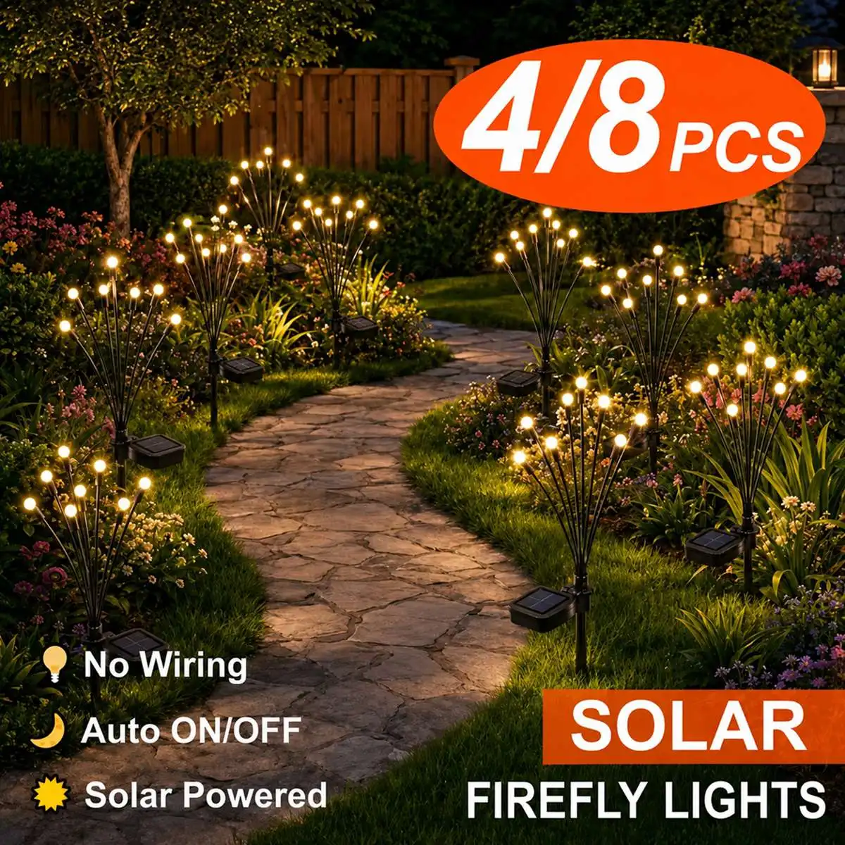 Solar Firefly Lights 4/8 Packs - 8 LED Outdoor Garden Path Lights Sway by Wind Pathway Light For Yard And Courtyard, Easy To Install Outdoor Lawn Wedding Christmas Decoration