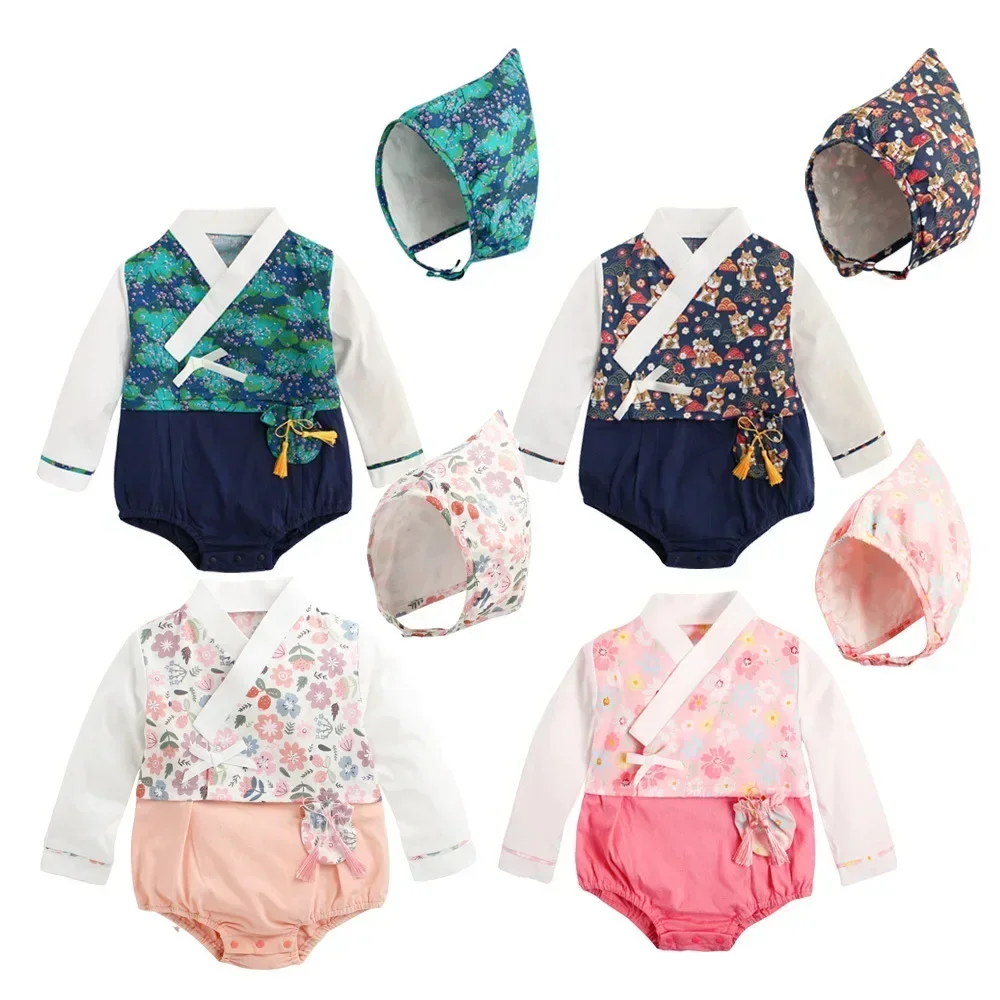 

Spring Summer Baby Boys Girls Romper Set With Hat Bodysuit Baby Romper Newborn Clothing Japanese Korean Jumpsuit Festival Set