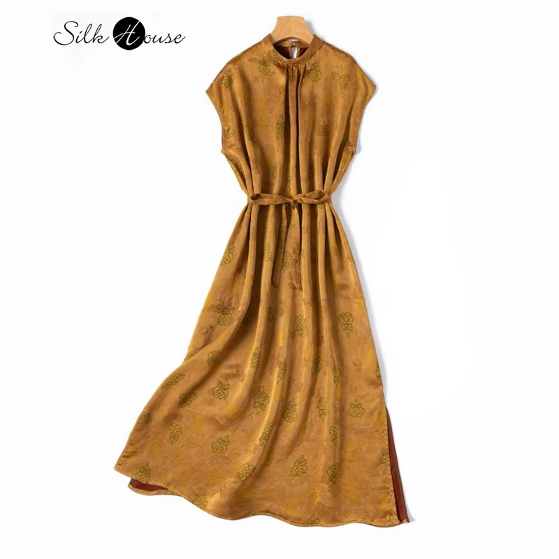 

Golden Gourd Jacquard Luxurious 100% Natural Mulberry Silk Gambiered Guangdong Gauze Short Sleeved Women's Fashionable Dress