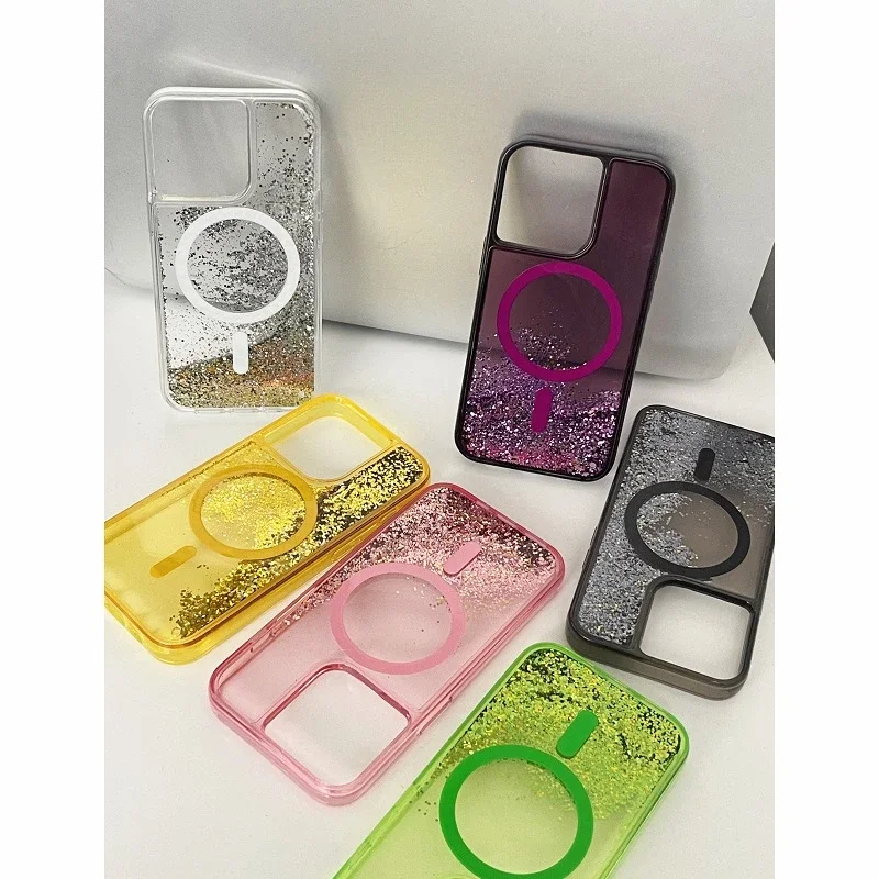 Quicksand Magsafe Magnets Case for iPhone 15 14 16 Pro Max Glitter Moving Sand Phone Cover Hard Liquid Shell Luxury Arena Funda