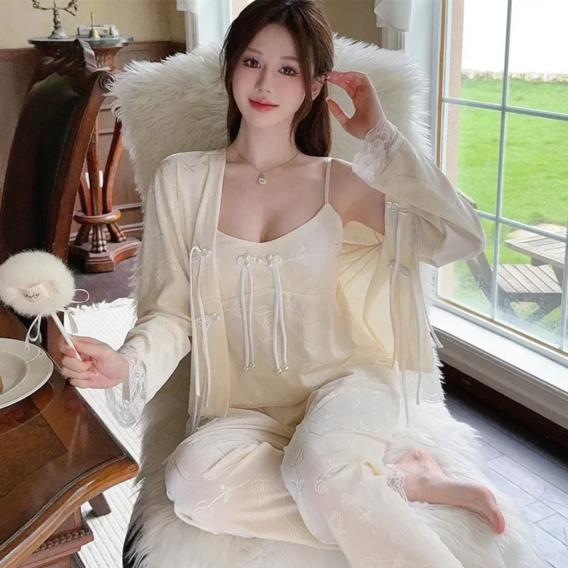 

Women's Three-piece Set Pajamas Autumn Suspender Velour Long-sleeved Lace Cardigan Simple Autumn Loungewear