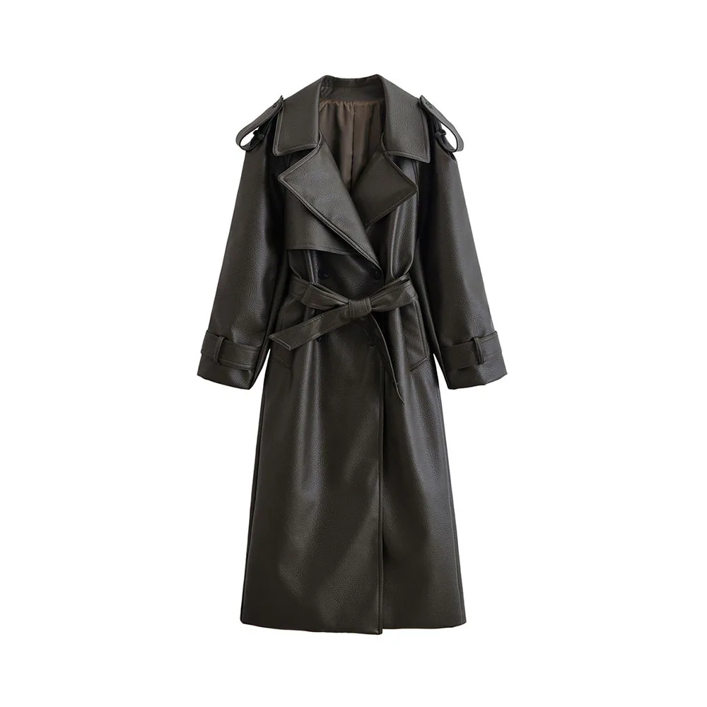 

New autumn and winter women's fashionable and simple imitation leather lychee patterned leather windbreaker