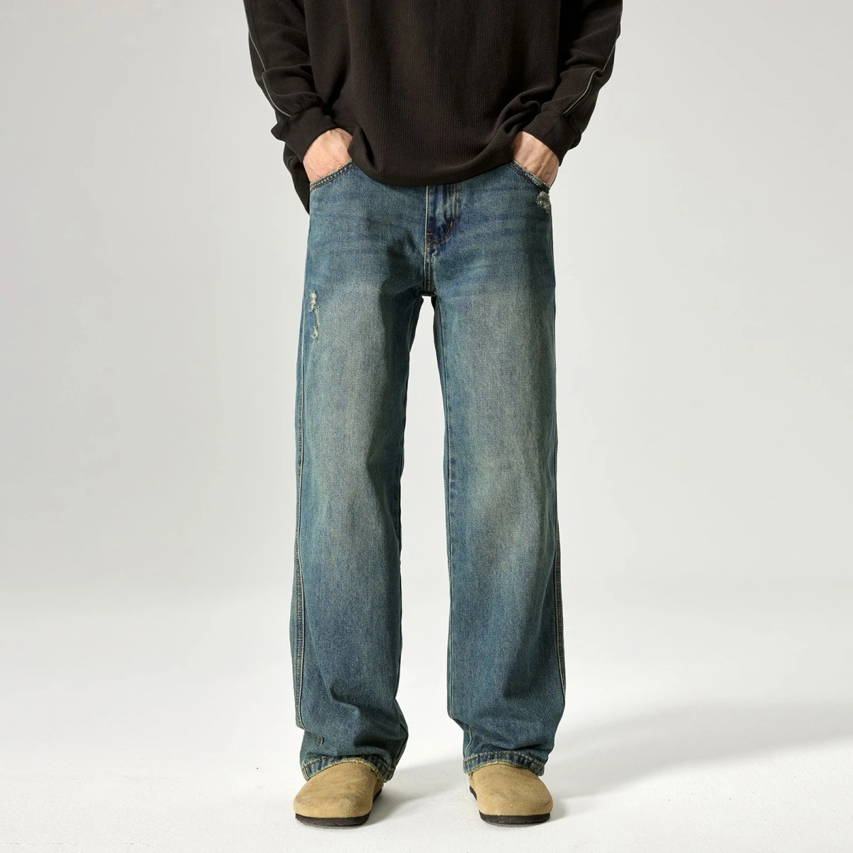 

Men's Summer Thin Loose Wide Leg Straight Jeans American Waed Vintage Hole Chic Jeans Low Waist Long Pants Youth Faion