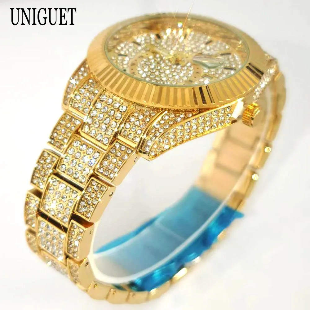 Montres de luxe en or pour hommes, marque UNIGUET Hip Hop, bijoux entièrement en diamant scintillant, mode masculine, montre-bracelet à Quartz étanche Reloj