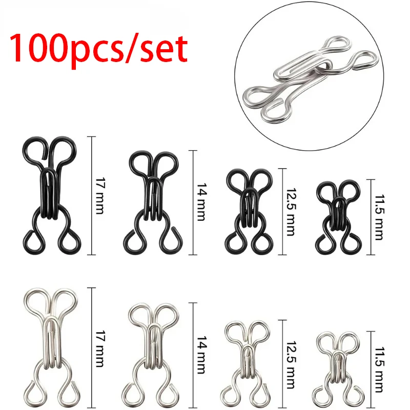 100 Sets Sewing Hook and Eye Latch 11.5-17mm Large Hooks and Eyes Closure for Bra Clothing Trousers Skirt Sewing DIY Craft