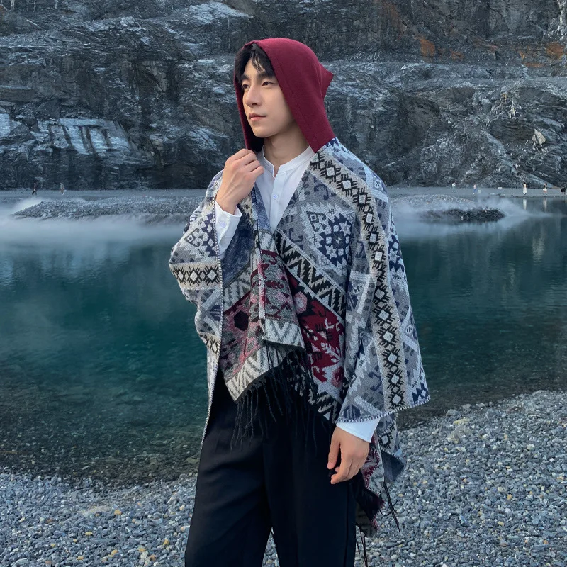 Men Adult Jacket Scarf Warm Cashmere Blend Cape Autumn Winter Jacquard Shawl Big Size Pashmina Cloak Coats Christmas Ponchos