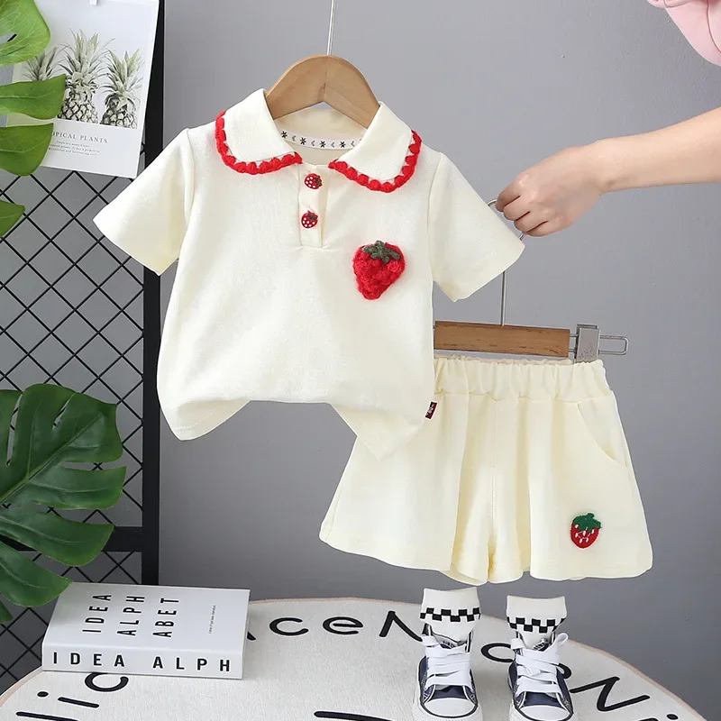 Korean Girls' Strawberry Short Sleeved Set 2025 Summer Children's Polo Shirt Shorts 2Pcs Suit Cute Kid's Tees Outfit