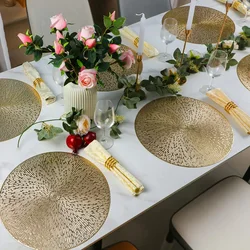 4PCS Vinyl Placemats 15inch Round,Gold color PVC table mats,Waterproof Oilproof Heat Resistant Table Place Mats