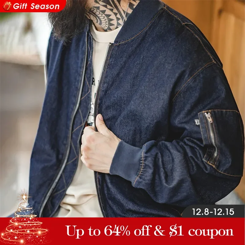 Maden Vintage Denim MA-1 Flight Jacket 8.9oz Baseball Collar Bomber  Jackets Amekaji Casual Windbreaker Coats Men\'s Clothing