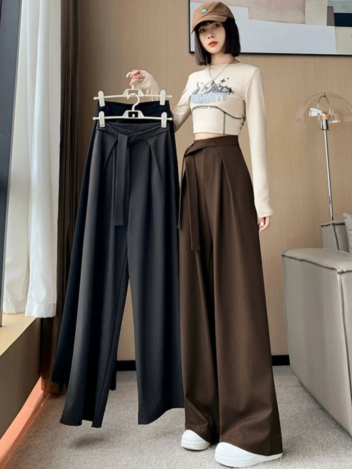 

2024 Women's Spring Autumn New High Waist Suit Pants Female Long Loose Casual Trousers Ladies Solid Color Wide-leg Pant W162