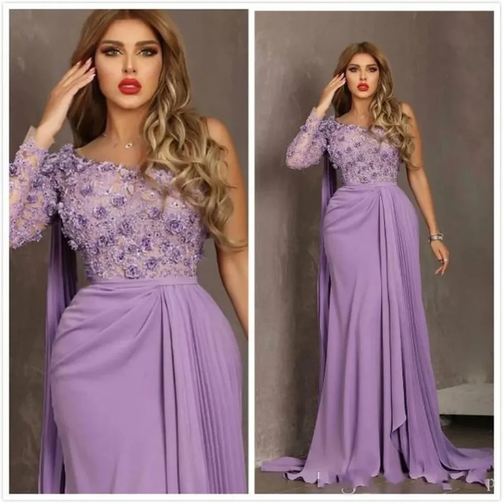 Lavender Arabian Sexy Evening Dress Lace Beaded Prom Dress Bodycon Formal Party Bridesmaid Second Reception Dress