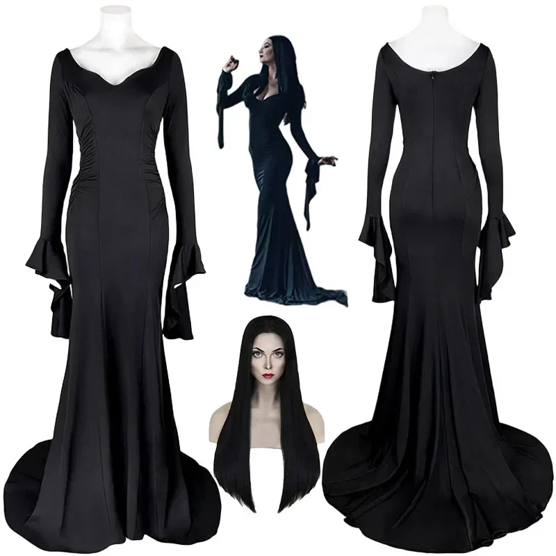 Movie Morticia Addams Cosplay Wednesday Mom Cosplay Costume Gown Sexy Dress Wig Suit Halloween Carnival Party Women Costumes