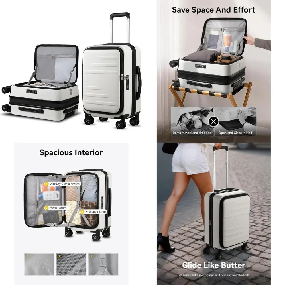 

Расширяемый поликарбонатный твердый чемодан с передним открытием и колесами для путешествий (белый)