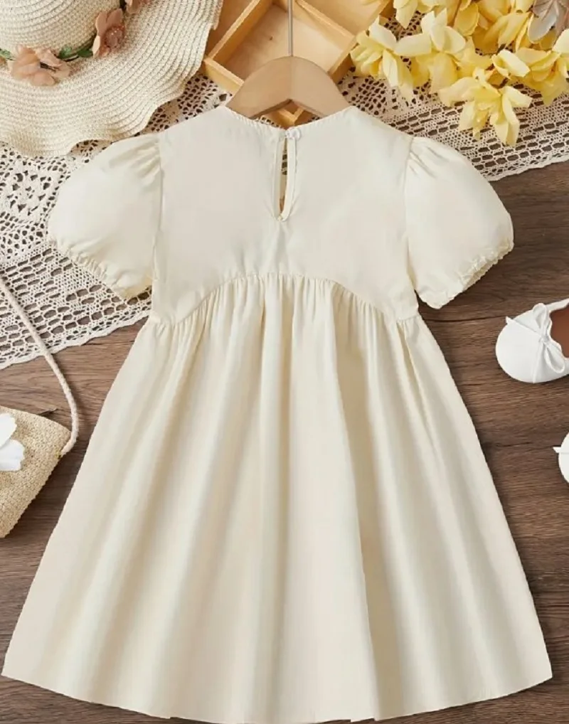 Girls\' Korean Flower Embroidered Bubble Short Sleeve Irregular Waist Princess Dress Vestidos Casual  Girls Dress Outfit 2-6Y