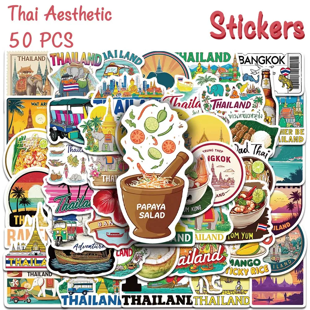 50pcs Cartoon Thai Aesthetic Stickers Thailand Travel Decal Bangkok Tuk Tuk Stickers For Laptop Diary Luggage Guitar Travel Gift