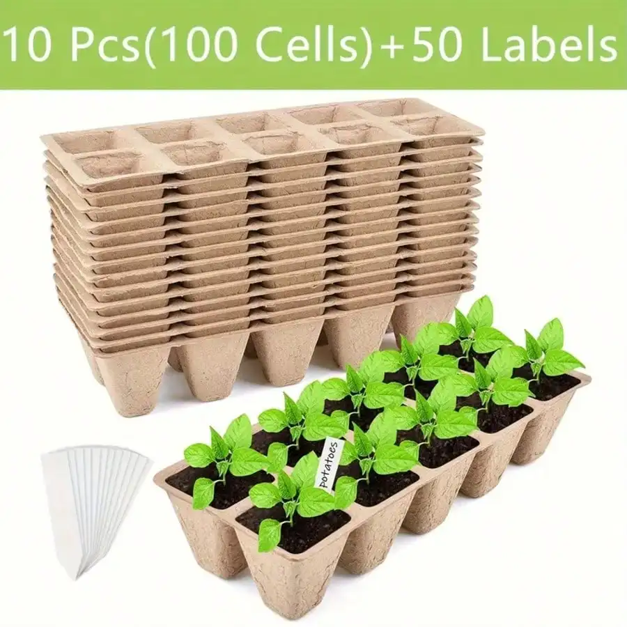 

100 Cells + 50 Labels, Seedling Tray, Peat Pot Seedling Pot, Seedling Starter Kit, Organic Sprouting Plant Starter Tray