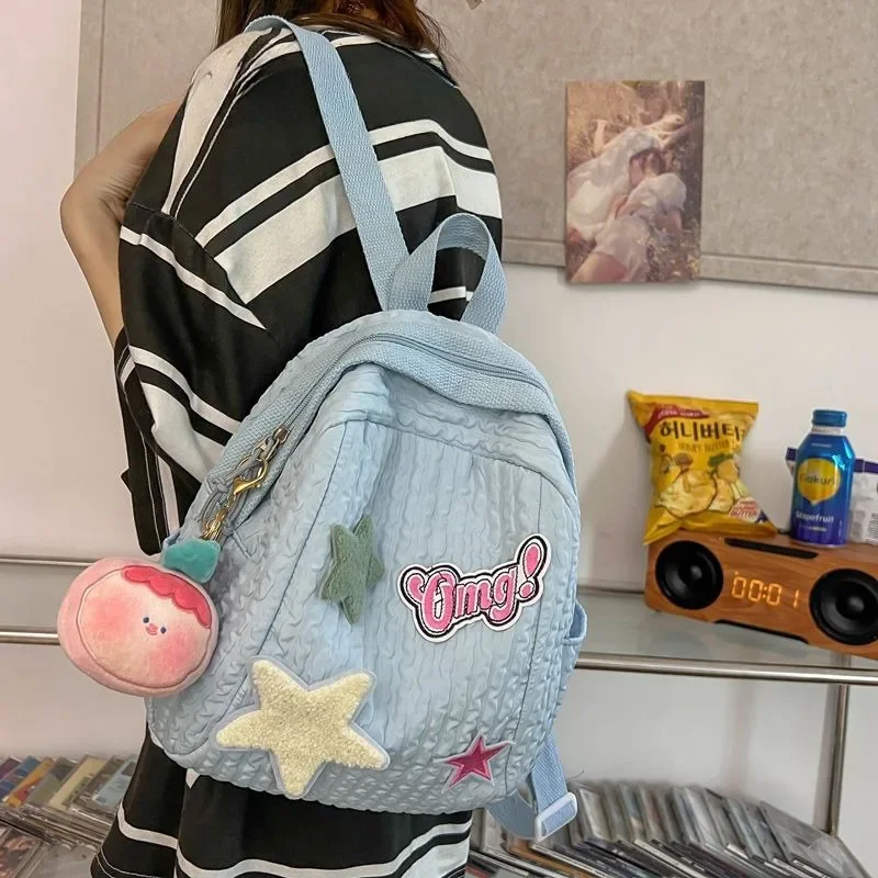 MBTI Zaino da donna plissettato rosa Nylon Casual Star Patchwork Moda Zaini piccoli Stile Harajuku Carino Kawaii Nuova borsa femminile